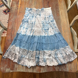 Metrowear Vintage Blue and White Tie-Dye Floral Tiered Maxi Skirt Small Boho